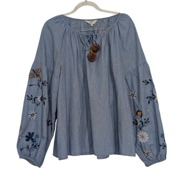 Crown & Ivy Embroidered Shirt Womens Size Medium Blue Floral Bird Beaded Tassels - Picture 1 of 14